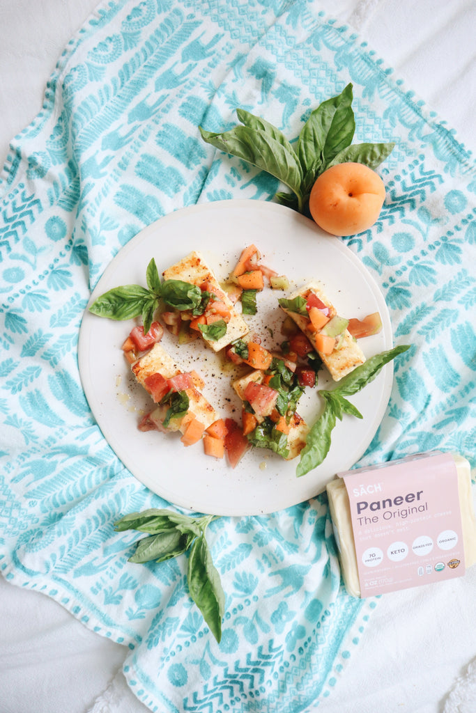 Grilled Paneer Bruschetta with Apricot, Tomato, & Basil
