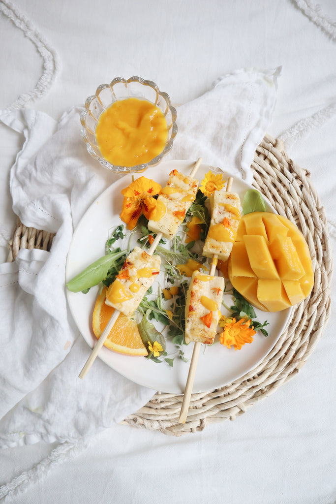 Grilled Paneer Skewers with Mango Ginger Sauce